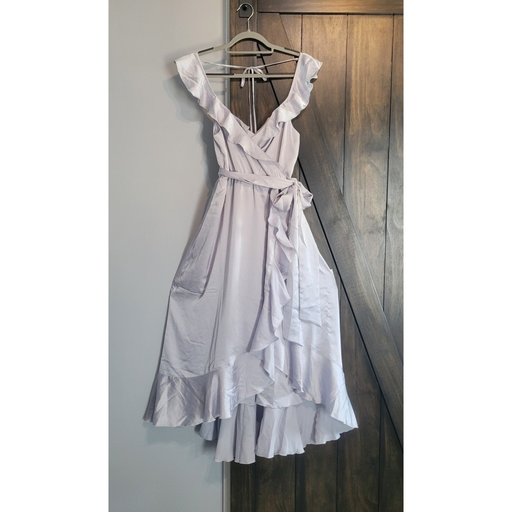 Show Me Your Mumu Samantha Ruffle Wrap Dress Luxe Satin Gray Medium NWT